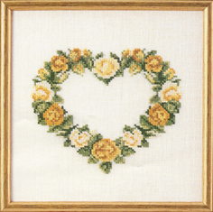 Broderikit med gule roser i et hjerteform