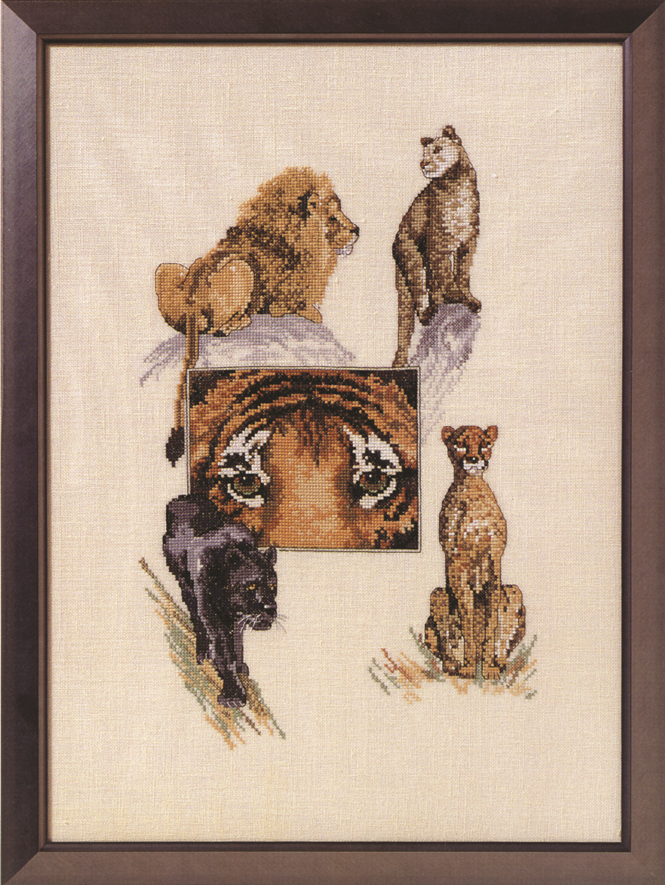 Rovkatte broderikit med løve, tiger, puma. leopard og gepard