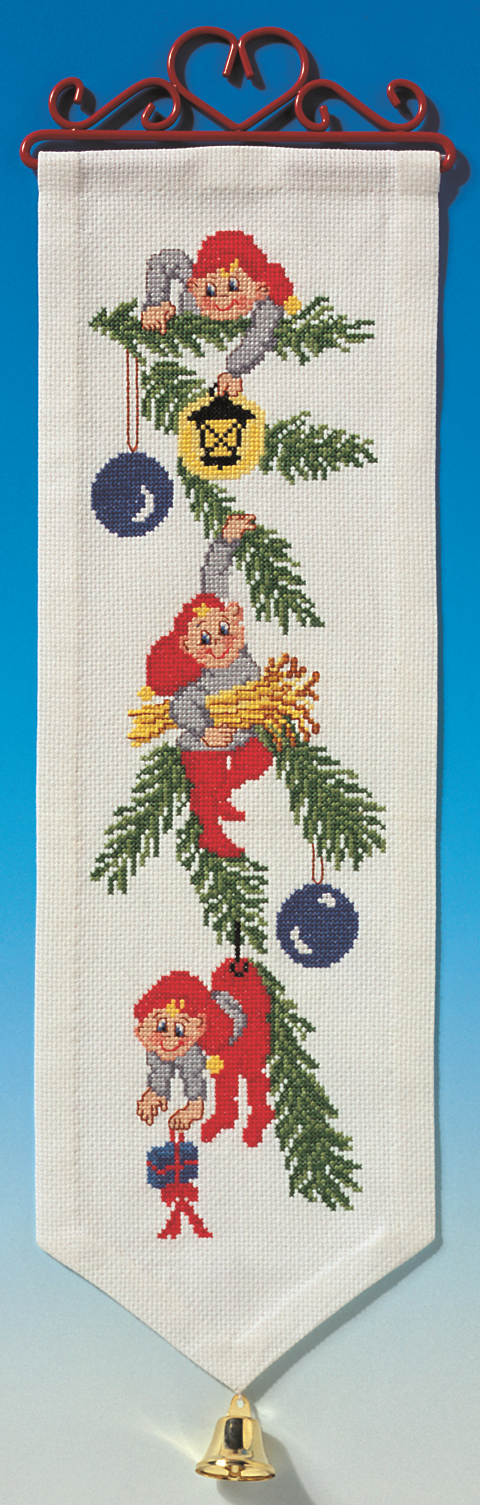 Julenisser i grand med julekuler klokkestreng broderikit