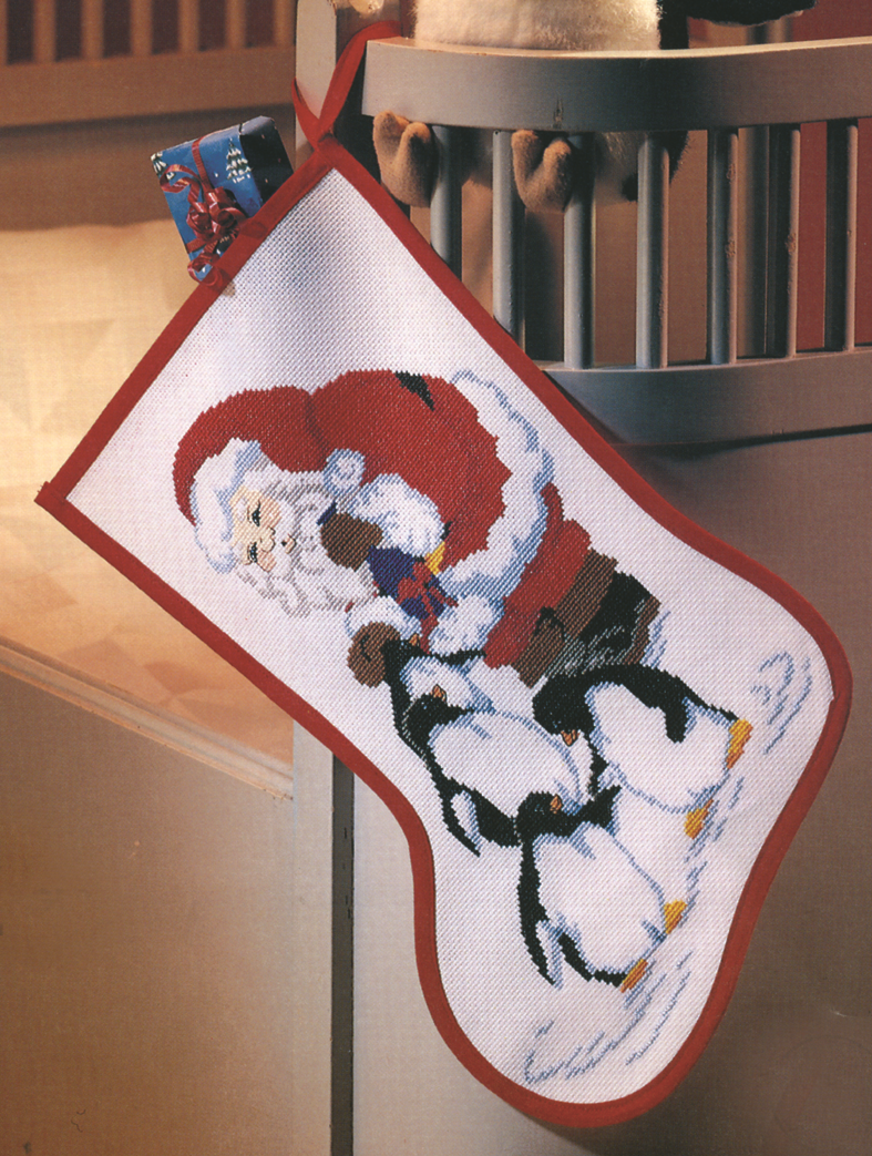 Julesok broderikit med julemand og pingviner