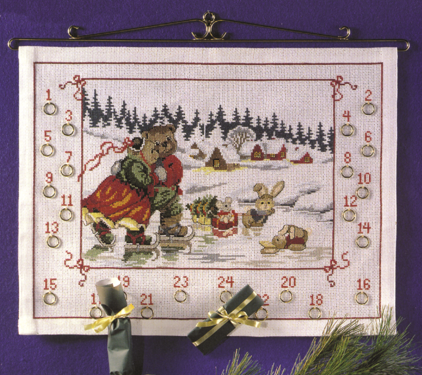 Broderi julekalender med skøjtende bamser