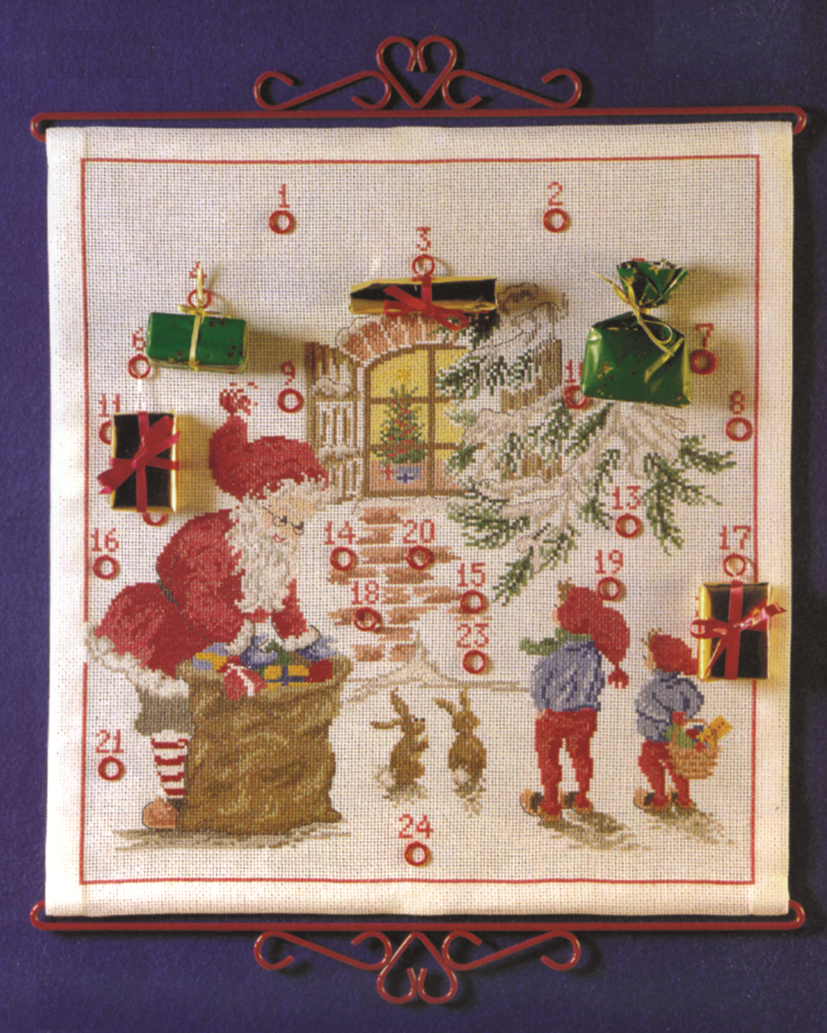 Julekalender broderikit Nissefar foran vindue