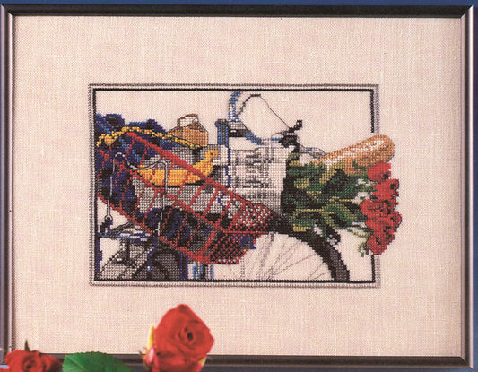 Cykelkurv broderikit med blomster, brød og bananer